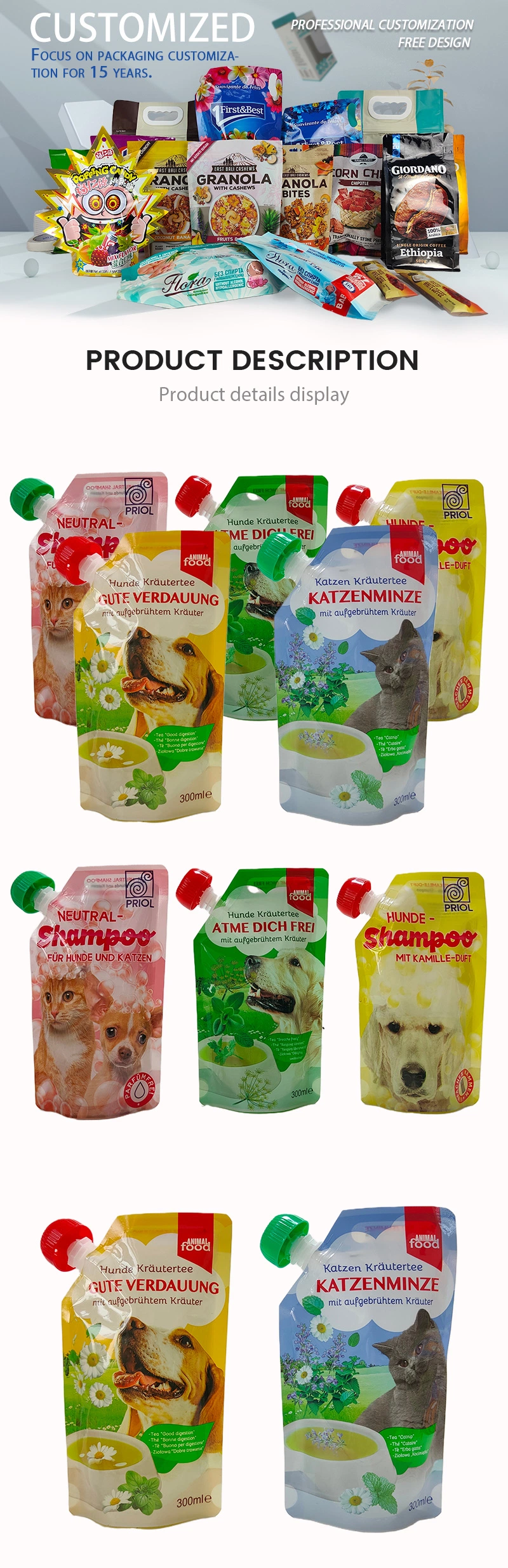 Custom Printed Pet Shampoo Nylon Plastic Liquid Stand up Pouch with Spout