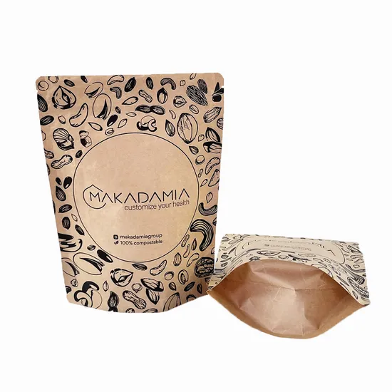 Custom Printing Reclosable Moisture Proof Biodegradable PLA Kraft Paper Bags for Food Stand up Packaging Pouch 