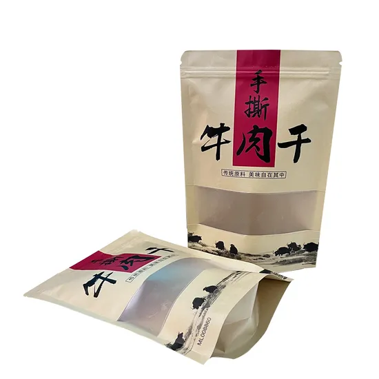 Custom Ziplock Biodegradable Kraft Paper Food Stand up Pouch with Clear Window 
