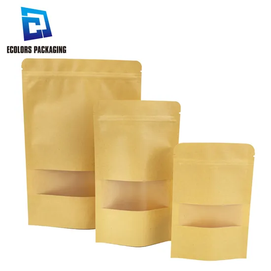 in Stock Food Grade Frosted Window Bolsa Doypack Stand up Ziplock Brown Kraft Paper Bag for Packing Snack Nut 