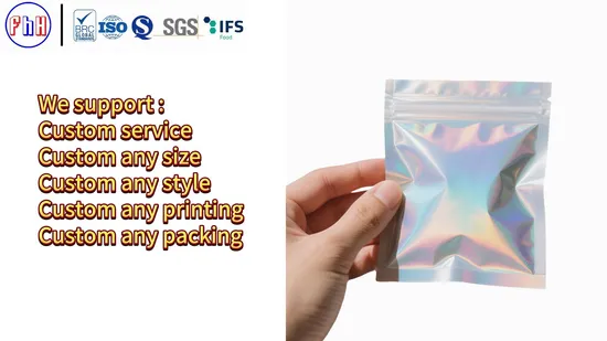 Hot Sale Customized Size Aluminum Foil Zipper Packaging Holographic Pouch Three Side Seal Bag 